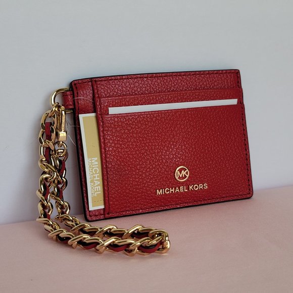 MICHAEL KORS Jet Set Small ID Pebbled Leather Chain Card Holder Case-Crimson⭐ - Picture 4 of 16